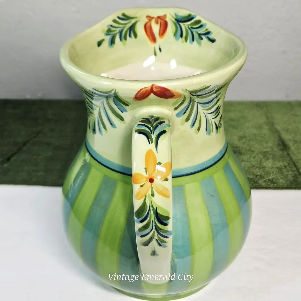 Vtg Large Provence Gail Pittman Water Pitcher Jug Flowers Green & Blue Stripes